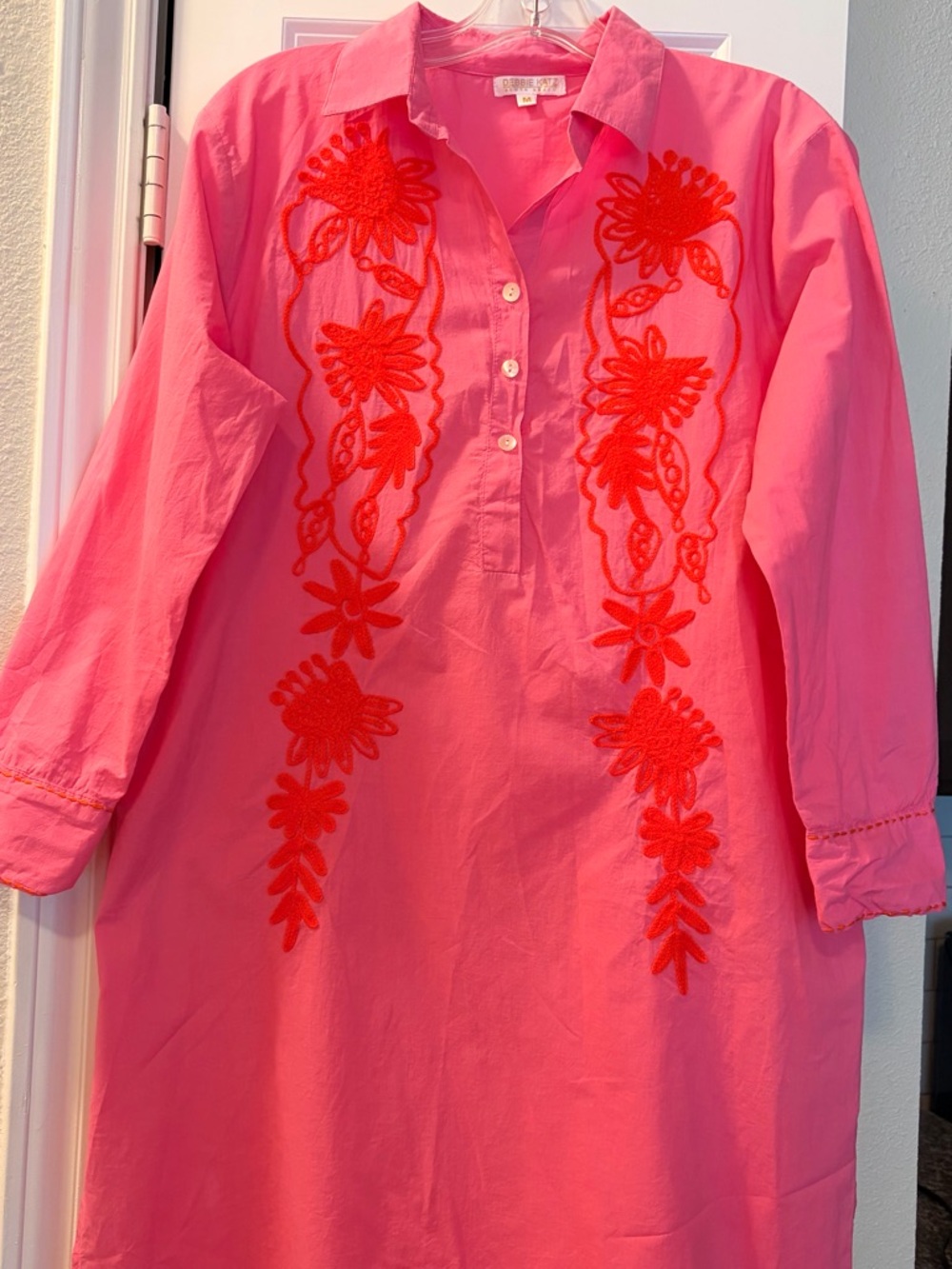 Bright Pink Embroidered Shirt Dress Or Swim Cover Up - Picture 3 of 10